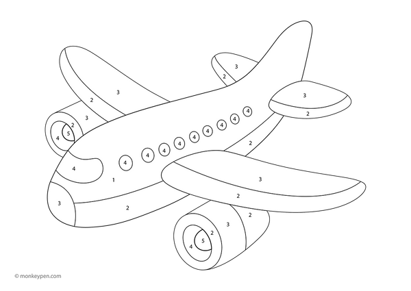 Downloadable color-by-number worksheet featuring an airplane with numbered sections on its wings and body, offering a fun, free activity that helps kids develop color recognition and number skills.