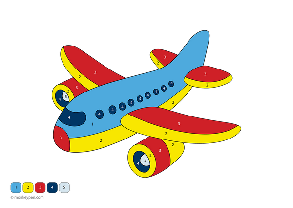 Downloadable color-by-number worksheet featuring an airplane with numbered sections on its wings and body, offering a fun, free activity that helps kids develop color recognition and number skills.