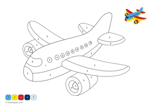 Downloadable color-by-number worksheet featuring an airplane with numbered sections on its wings and body, offering a fun, free activity that helps kids develop color recognition and number skills.