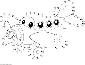 Dot-to-dot worksheet depicting a cartoon airplane with numbered connect-the-dots, including windows, a smiling face, and a propeller, for children to connect and color.