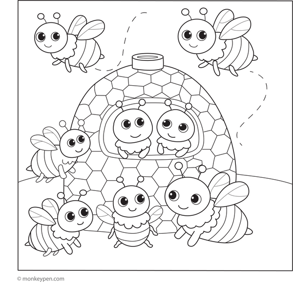 Bee Family in a Hive coloring page – free printable for kids to color and enjoy