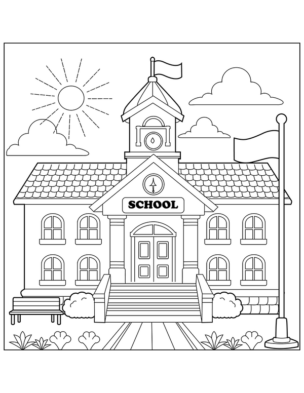 School Building coloring page – educational printable for children