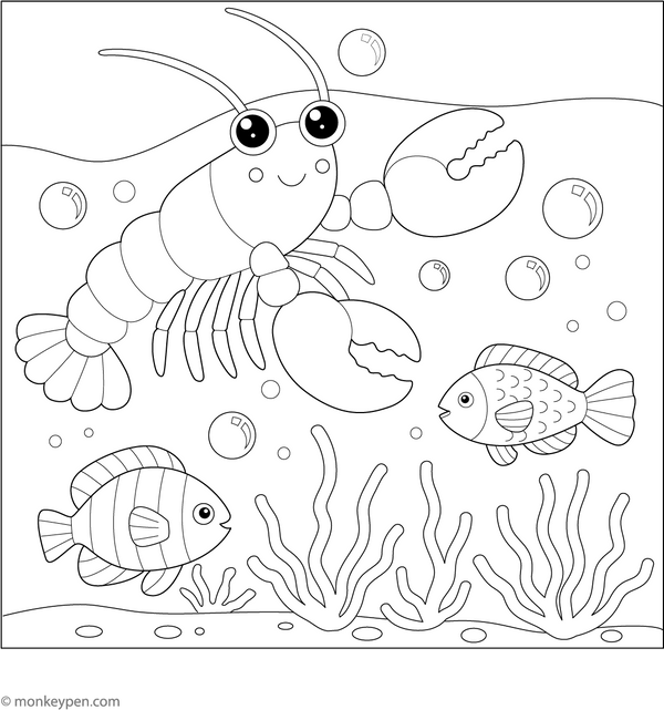Lobster Underwater Scene Coloring Page