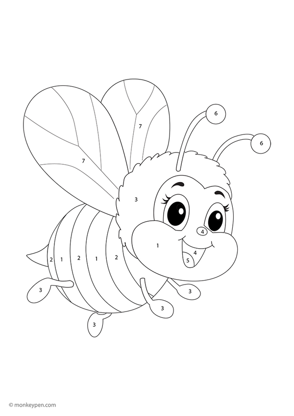 Free downloadable colour-by-number worksheet showing bees, flowers, and honeycombs; a fun activity that supports early learners with number and colour recognition through creative play.