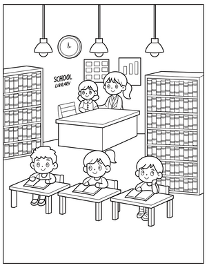 Library coloring page – educational printable for children