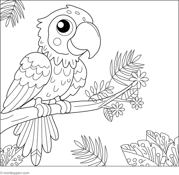 Macaw on a Jungle Branch Coloring Page – tropical bird printable for children