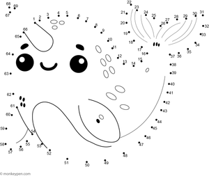 Dot-to-dot worksheet featuring a cartoon narwhal with a spiral tusk, ready for children to connect the dots and color