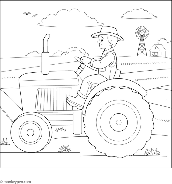 Farmer Riding Tractor Coloring Page – fun and educational printable for children