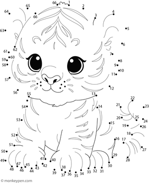 Dot-to-dot worksheet of a cartoon baby tiger with stripes and playful expression for children to connect and colour.