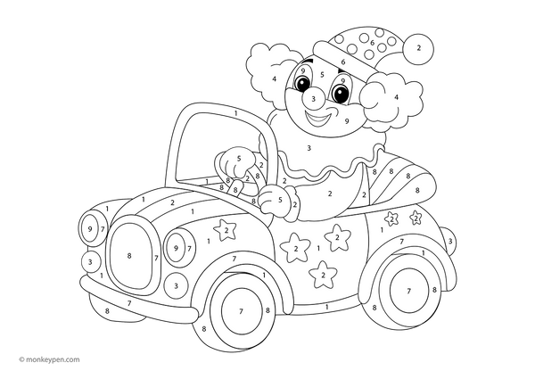Downloadable clown car color-by-number worksheet with a silly clown and colorful vehicle parts, perfect for preschoolers to build number recognition while having fun with this free printable activity.