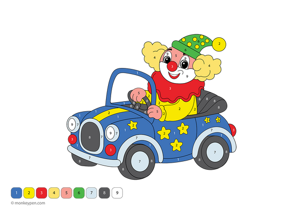 Downloadable clown car color-by-number worksheet with a silly clown and colorful vehicle parts, perfect for preschoolers to build number recognition while having fun with this free printable activity.