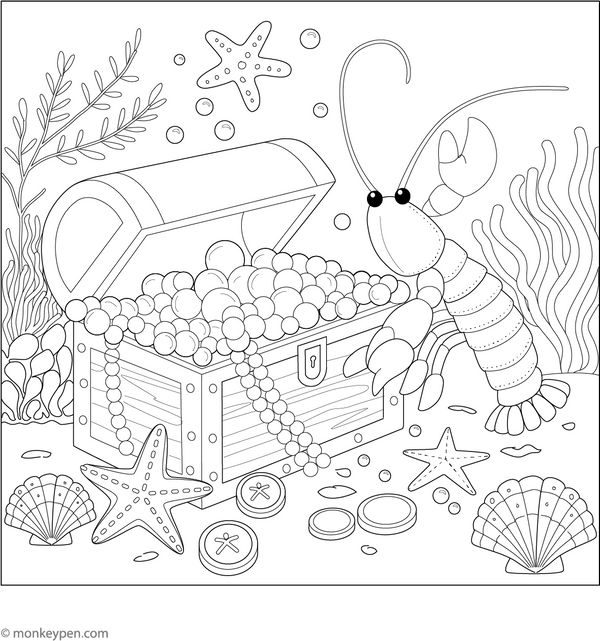 Lobster and the Treasure Chest Coloring Page – fun and educational printable for children