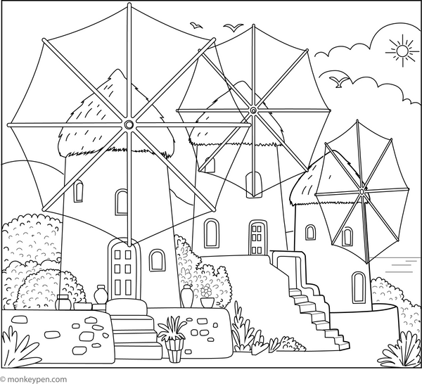 Mykonos Windmills Coloring Page