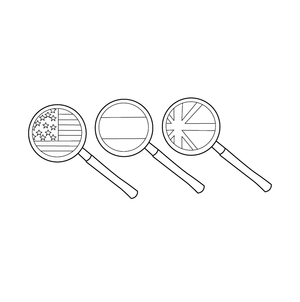 Three magnifying glasses with different flag symbols inside it coloring page – fun and educational printable for children