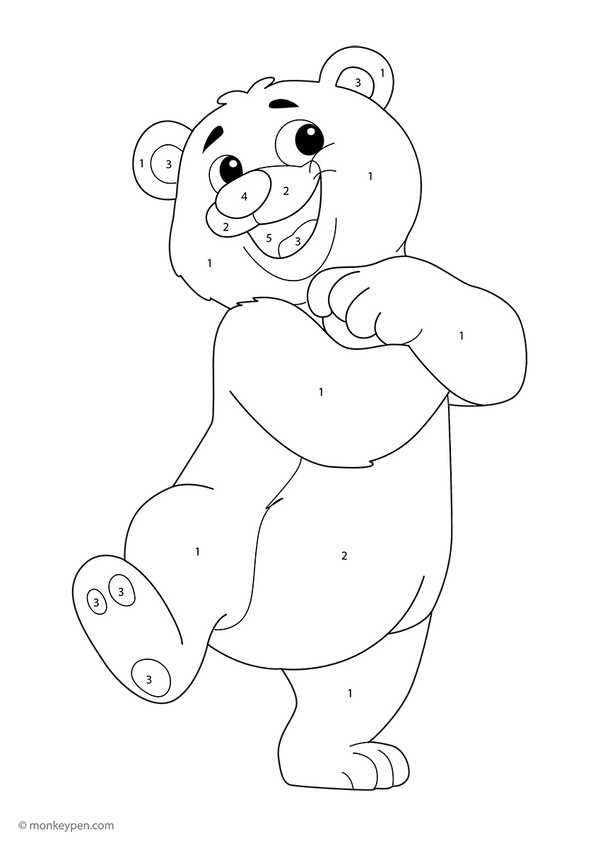 Free downloadable color-by-number worksheet featuring a joyful dancing bear in costume, designed to help children build number skills and creativity through a fun, printable activity.