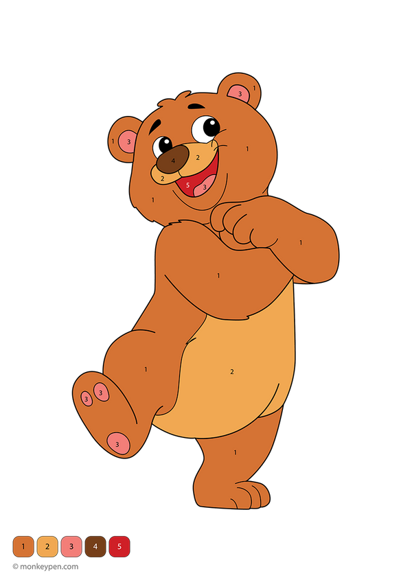 Free downloadable color-by-number worksheet featuring a joyful dancing bear in costume, designed to help children build number skills and creativity through a fun, printable activity.