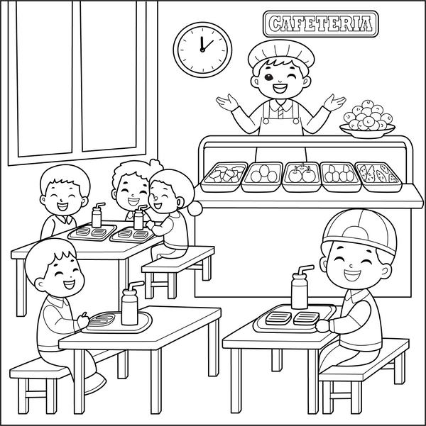 School Cafeteria coloring page – educational printable for children