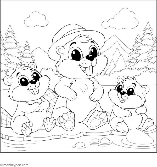 Beaver and Family Coloring Page