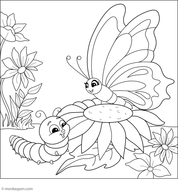 Butterfly and Caterpillar Friendship Coloring Page – fun and educational printable for children