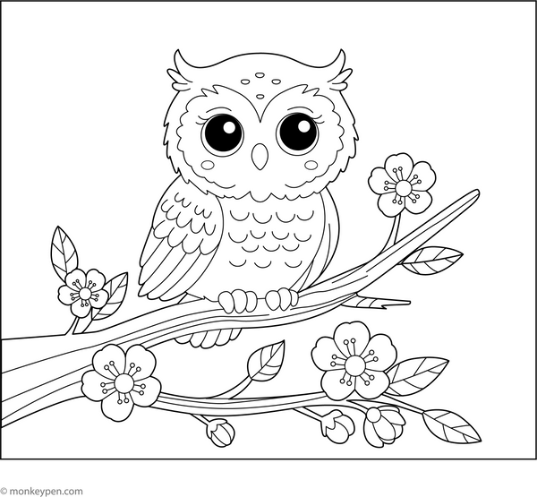 Owl on Tree Coloring Page