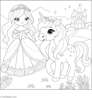 Princess and Unicorn Coloring Page