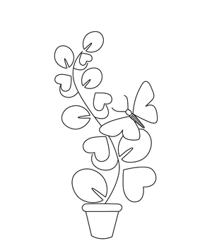 Plant with heart shaped leaves and a butterfly on it Valentine Coloring page – fun and educational printable for children