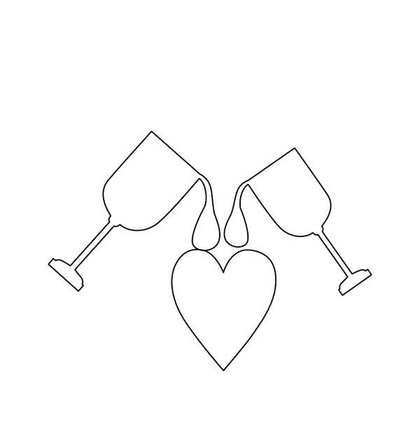 Two glasses pouring on a heart shape Valentine Coloring page – fun and educational printable for children