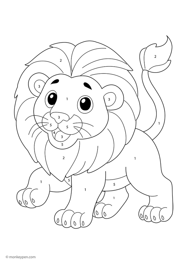 Downloadable lion color-by-number worksheet showing a friendly lion with numbered sections on its mane, face, and body; a free printable activity that supports kids’ number recognition and creativity.