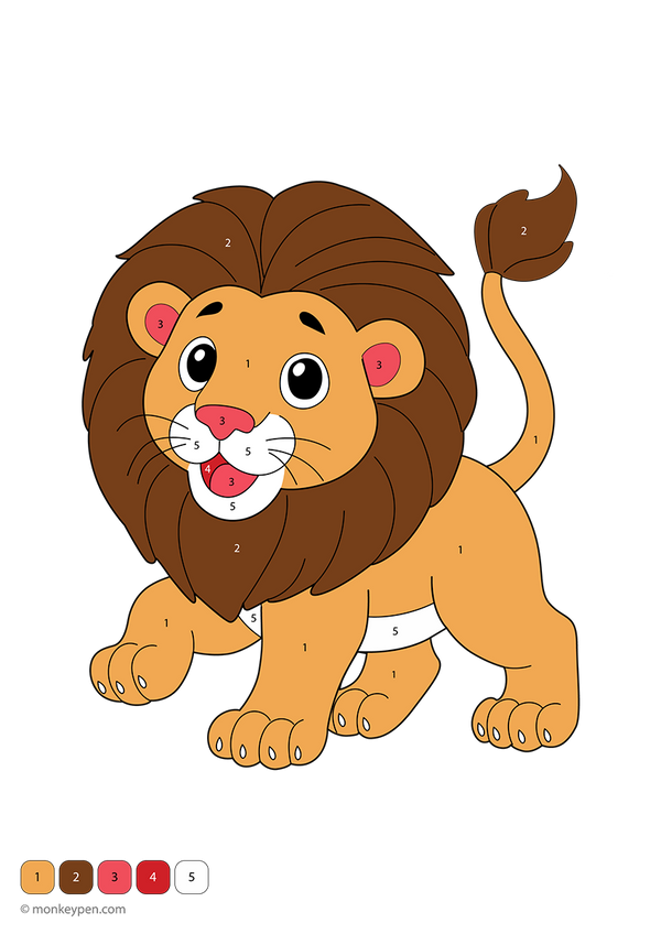 Downloadable lion color-by-number worksheet showing a friendly lion with numbered sections on its mane, face, and body; a free printable activity that supports kids’ number recognition and creativity.