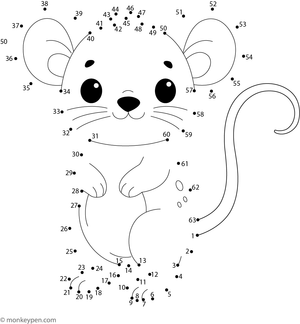 Dot-to-dot worksheet of a cartoon mouse with round ears for children to connect and colour