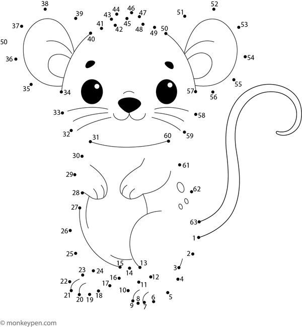 Dot-to-dot worksheet of a cartoon mouse with round ears for children to connect and colour