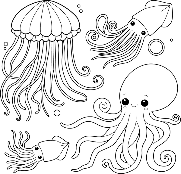 Jellyfish And Squids coloring page – fun and educational printable for children