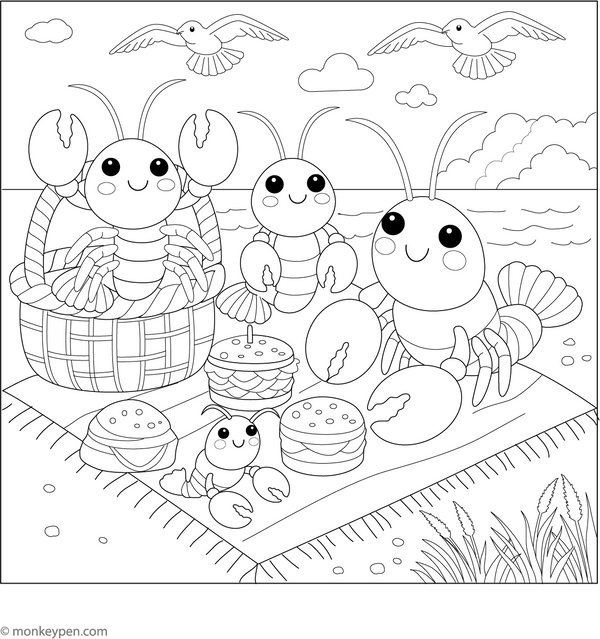 Lobster Family Picnic Coloring Page – fun and educational printable for children