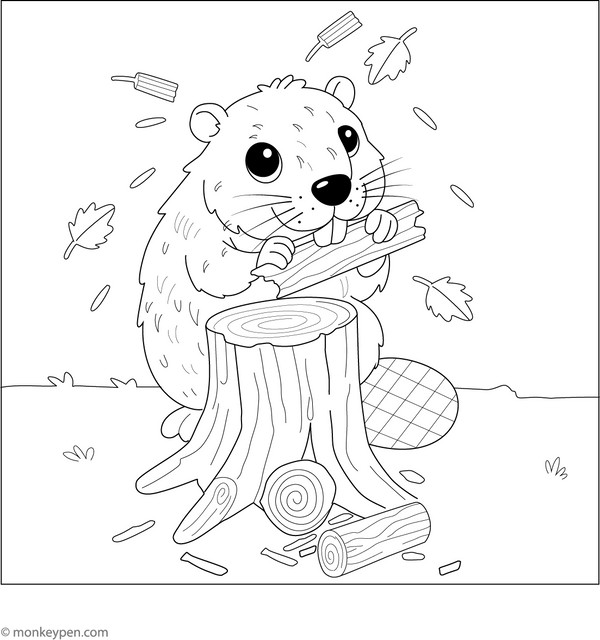 Beaver Gnawing on a Log Coloring Page