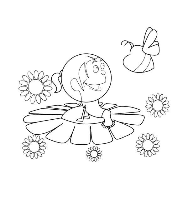 Smiling girl sitting on a flower and hearetshaped butterfly Free Love Representation Coloring page – fun and educational printable for children