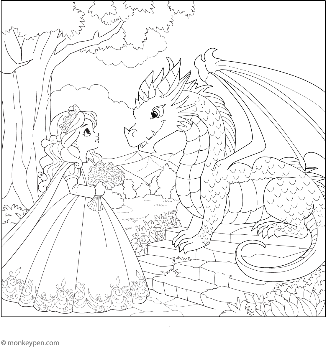 Princess And Dragon Coloring Page