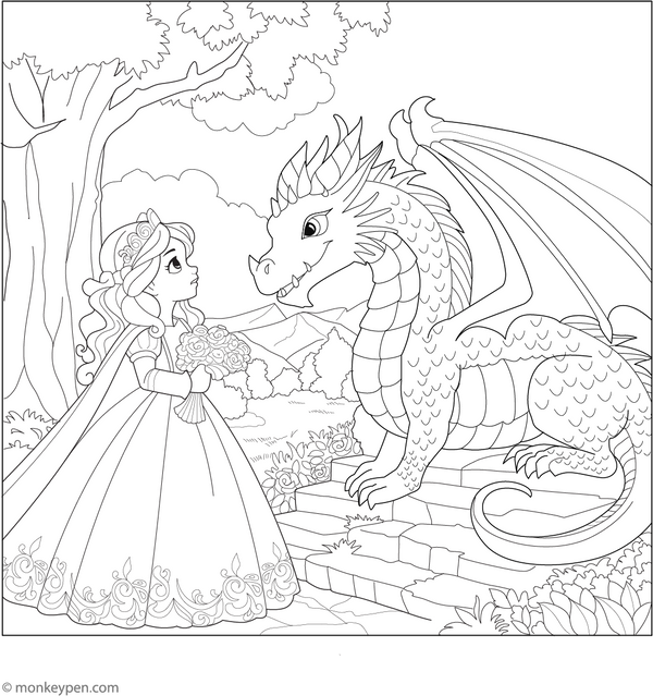Princess and Dragon Coloring Page