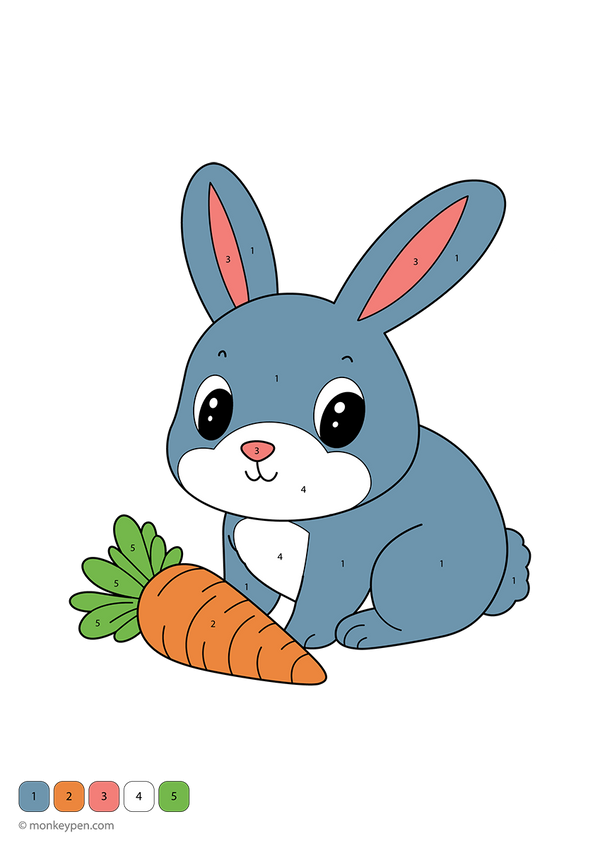 Free downloadable rabbit color-by-number worksheet with numbered sections on fur, ears, and garden background; a fun and educational printable for toddlers to build number and color recognition skills.