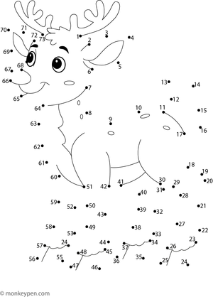 Counting activity featuring a cartoon reindeer with antlers, designed for children to connect and color