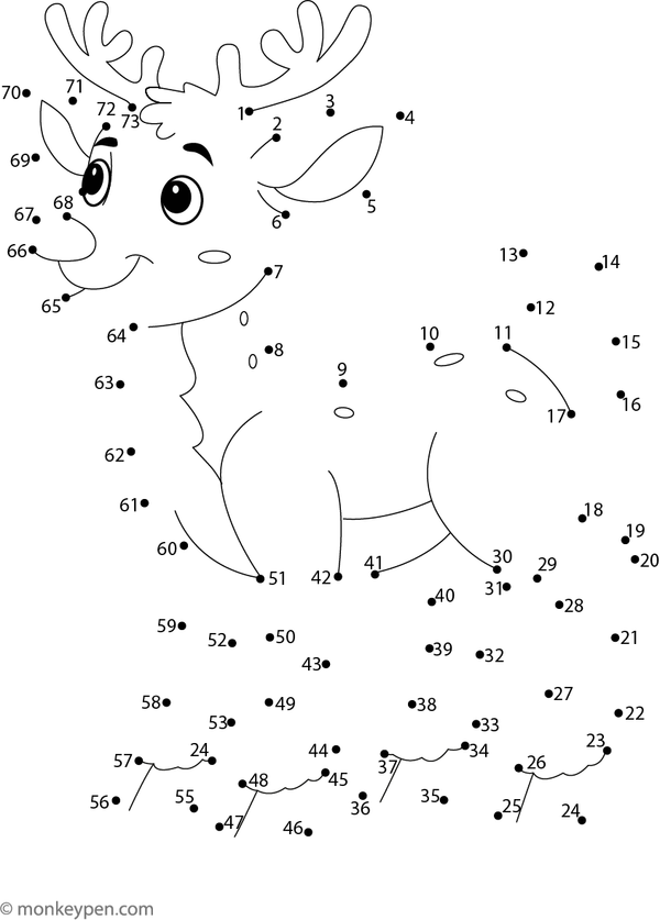Counting activity featuring a cartoon reindeer with antlers, designed for children to connect and color