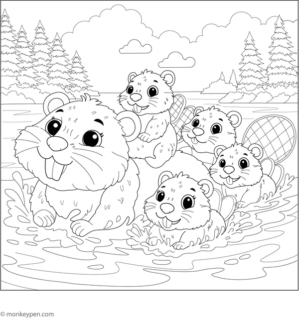 Beaver and Family by the Water Coloring Page