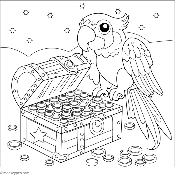 Macaw with Pirate Treasure Coloring Page – tropical bird printable for children