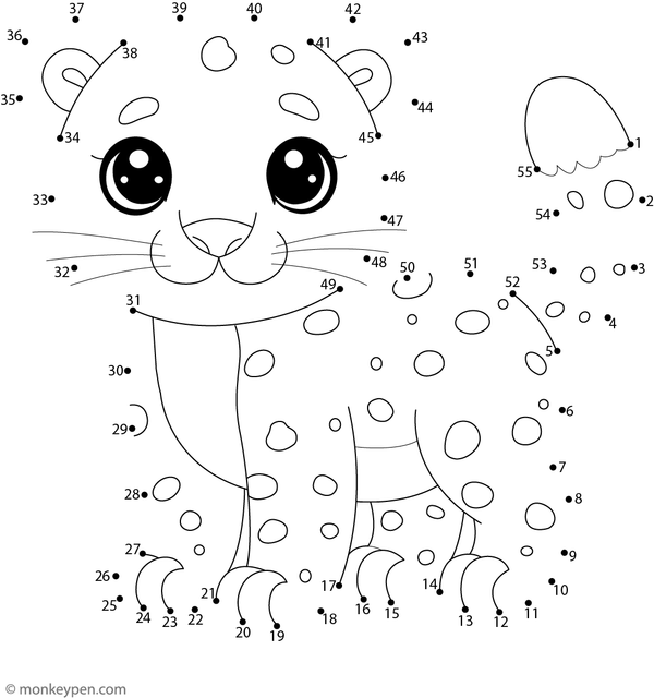 Dot-to-dot worksheet of a cartoon leopard with spots and a long tail for children to connect and colour.