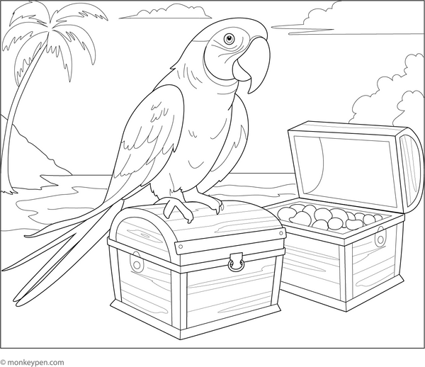 Macaw With Treasure Coloring Page  – tropical bird printable for children
