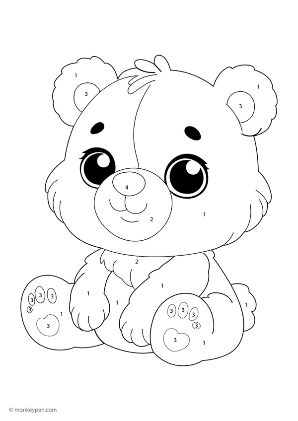 Downloadable teddy bear color-by-number worksheet featuring a cute bear with numbered sections on its fur and bow; a free printable that helps kids practice numbers while having creative fun.