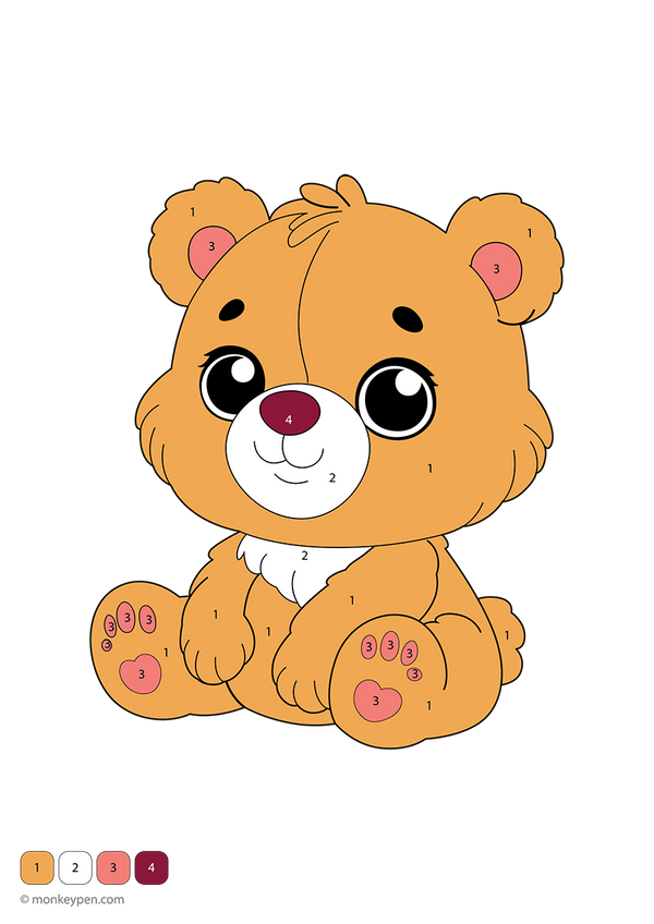 Downloadable teddy bear color-by-number worksheet featuring a cute bear with numbered sections on its fur and bow; a free printable that helps kids practice numbers while having creative fun.