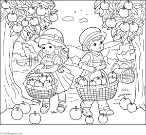Kids Harvesting Apple Coloring Page