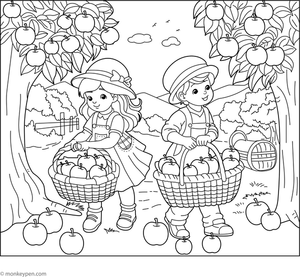 Kids Harvesting Apple Coloring Page