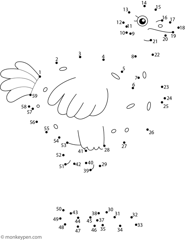 Dot-to-dot worksheet of a cartoon ostrich with long legs and curious face for children to connect and colour.