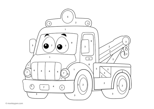 Free downloadable truck color-by-number worksheet with numbered sections on tires, cab, and frame; a fun printable activity that helps kids boost number recognition and enjoy creative play.